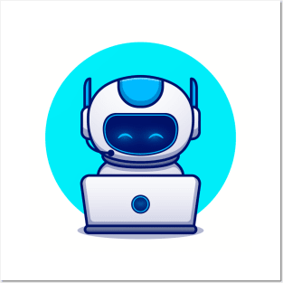 Cute Robot Operating Laptop Posters and Art